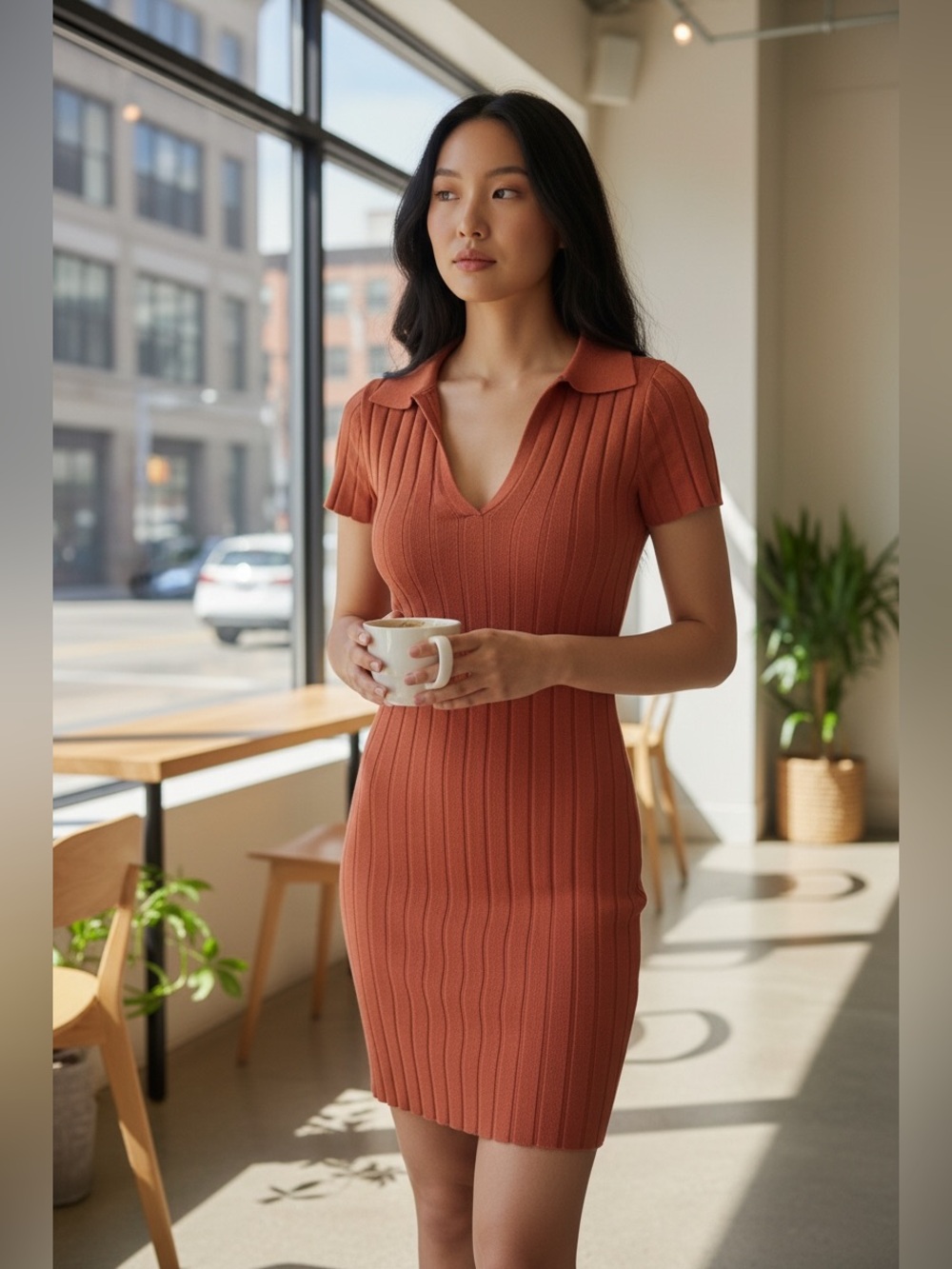 MARBLE Coral Ribbed V‑Neck Midi Dress
